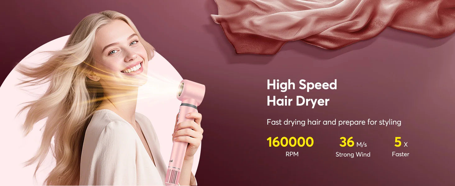 Pink 5-in-1 high-speed hot air styler brush with 1200W motor for fast hair drying and professional salon styling.