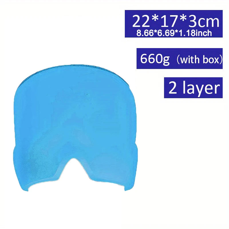 Blue gel ice pack migraine relief hat for headache, sinus, and tension relief, 2-layer cold therapy head wrap mask.