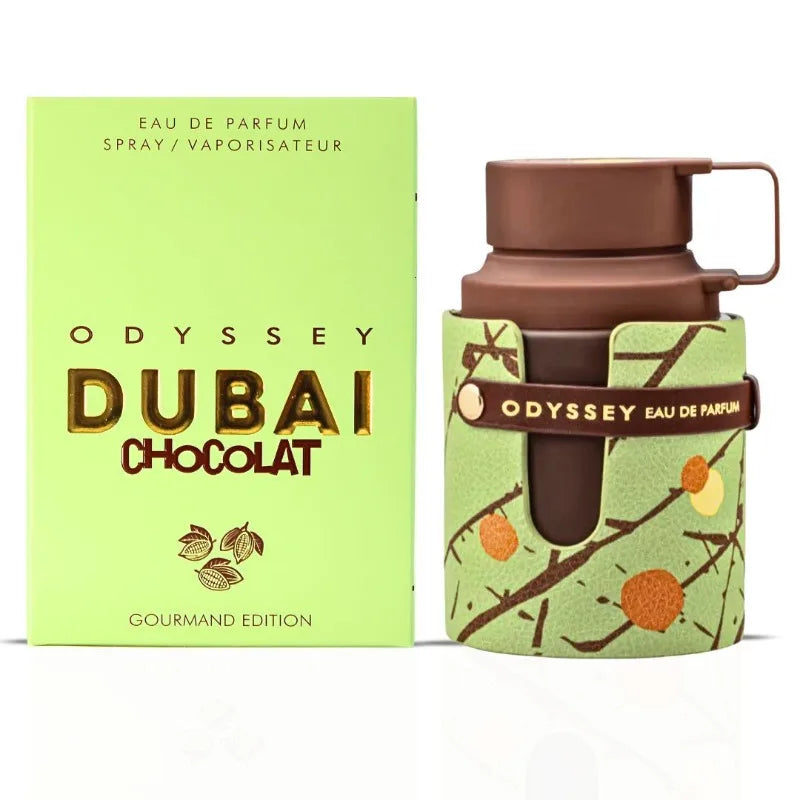 Armaf Odyssey Dubai Chocolat Eau de Parfum: Unisex woody gourmand scent in a unique leather-wrapped travel bottle.