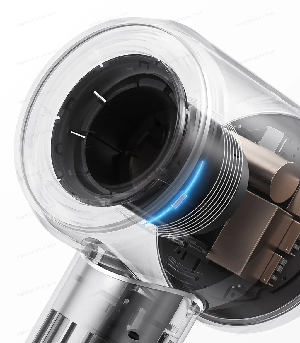 MIJIA High-Speed Hair Dryer inner motor view, showing powerful 110,000rpm airflow tech and sleek, modern design.