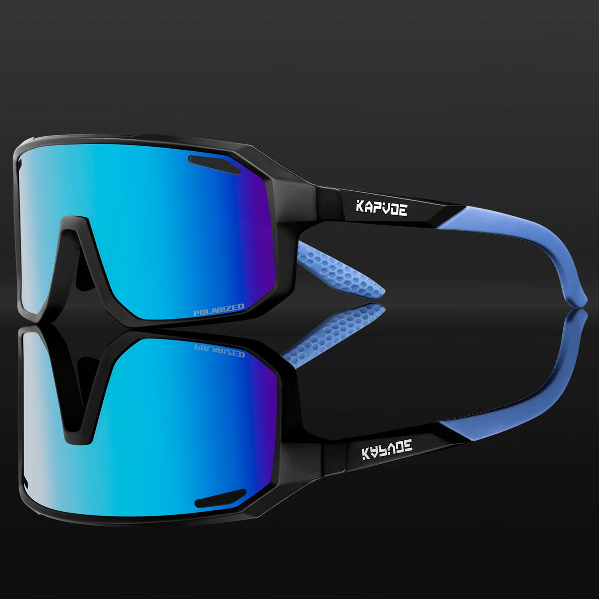 Sport sunglasses with blue mirrored lenses and dark frame with blue side panels