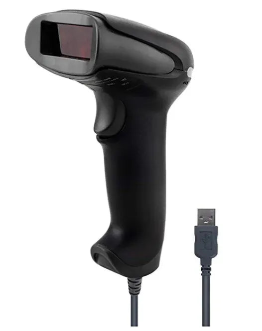 Black wired 2D barcode scanner side view with USB cable
