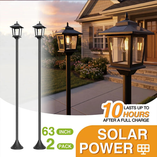 Solar pathway garden lights, lantern-style with black posts, 2-pack shown outdoors near walkway