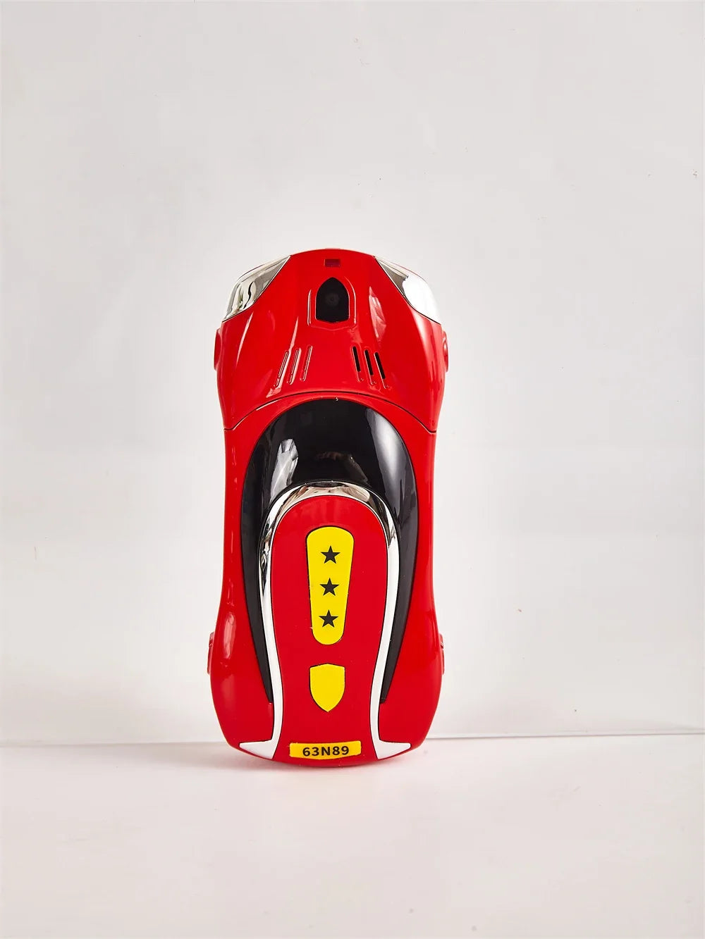 Unlocked Bluetooth dialer phone, red body with yellow star label, front view