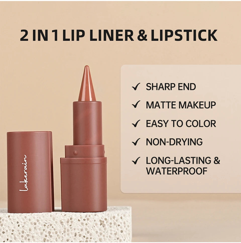 Red-brown 2-in-1 matte lipstick and lip liner pen with a sharp tip for precise, long-lasting, waterproof lip makeup.