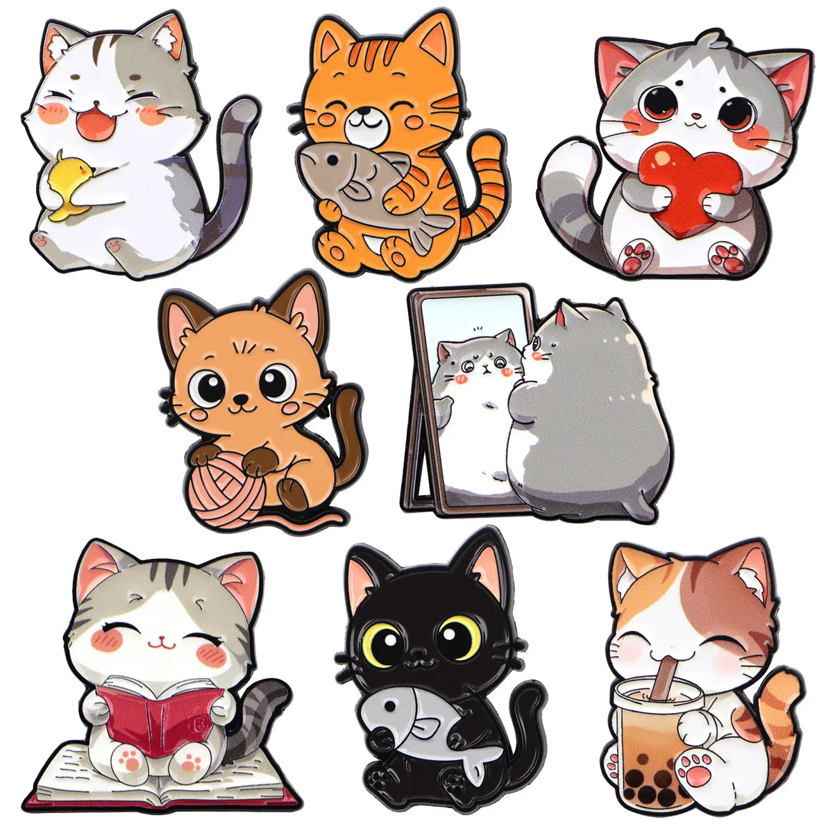 Cute cat enamel pins, colorful lapel badges for backpacks and accessories, perfect cat lover gift.