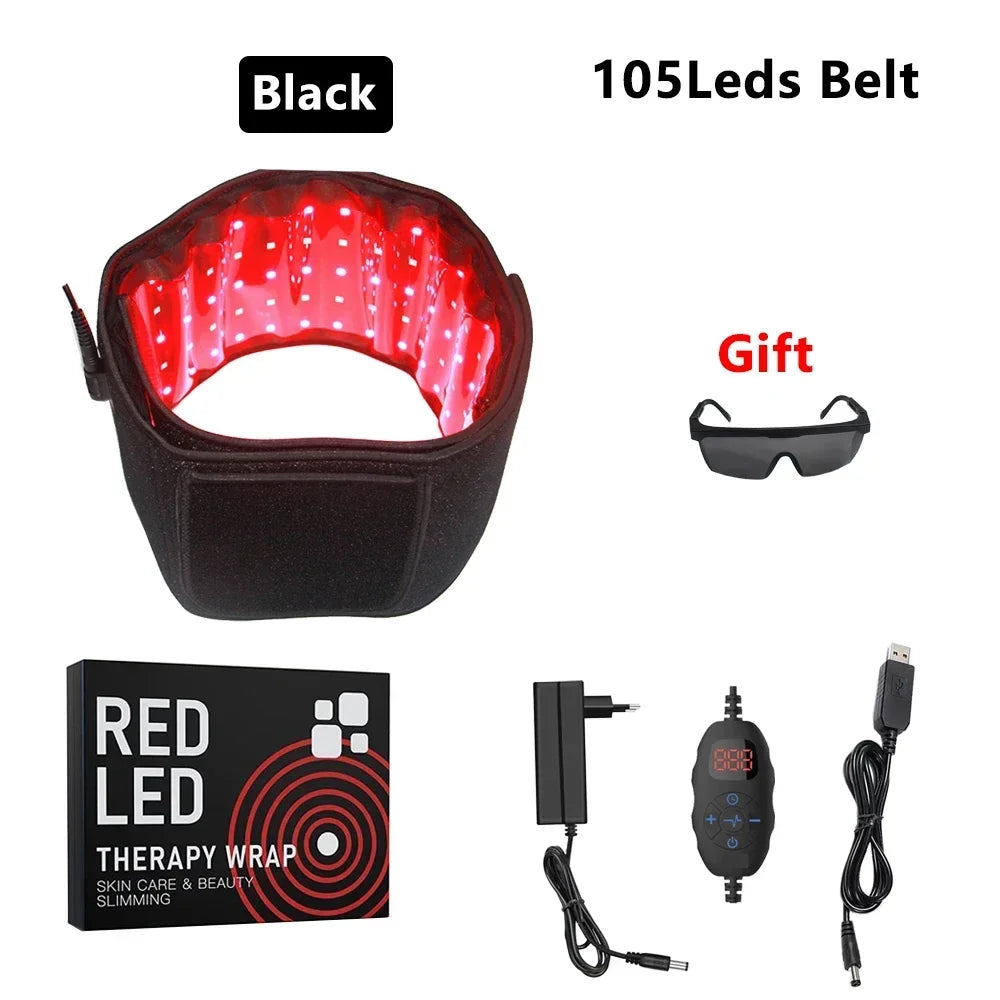 Black 105 LED red light therapy belt for pain relief and slimming, with power controller, cables, and safety glasses.