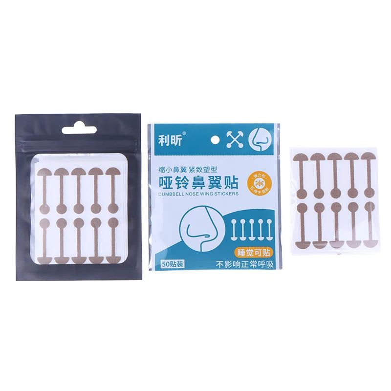 Invisible nose wing shrinking stickers, dumbbell-shaped lifting patches for narrow nose shaping, 50-piece pack.