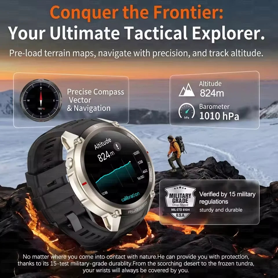 2026 Outdoor Tactical GPS 1.43"AMOLED Smart Watch Offine Map Compass Heart Rate Fitness Tracker 5ATM Waterproof Sports Watches