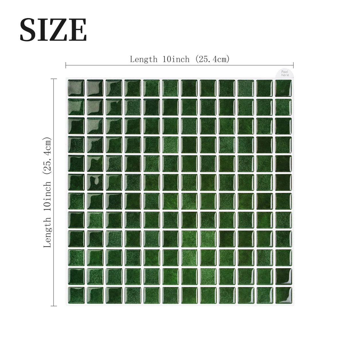 Green square mosaic wall sticker sheet with uniform grid tiles, 10 in length