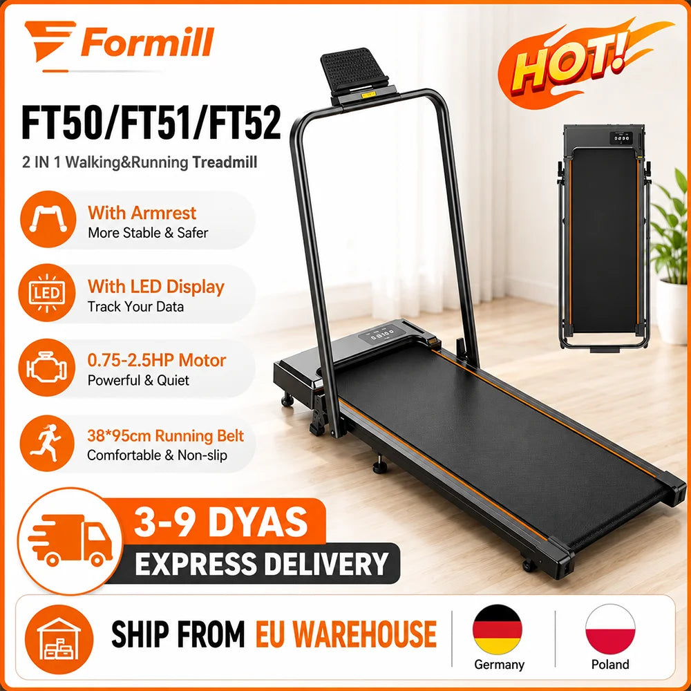 Formill FT51/FT50/FT52 Treadmill 2 In 1 Walking Running Treadmill 0.75-2.5HP Foldable Under Desk Treadmill38*95cm Running Area With Armrest LED Display Oil Drip Hole Indoor Home Gym Exercise Machine