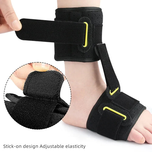 Black orthopedic ankle brace support for foot pain relief, featuring adjustable velcro straps and breathable material.