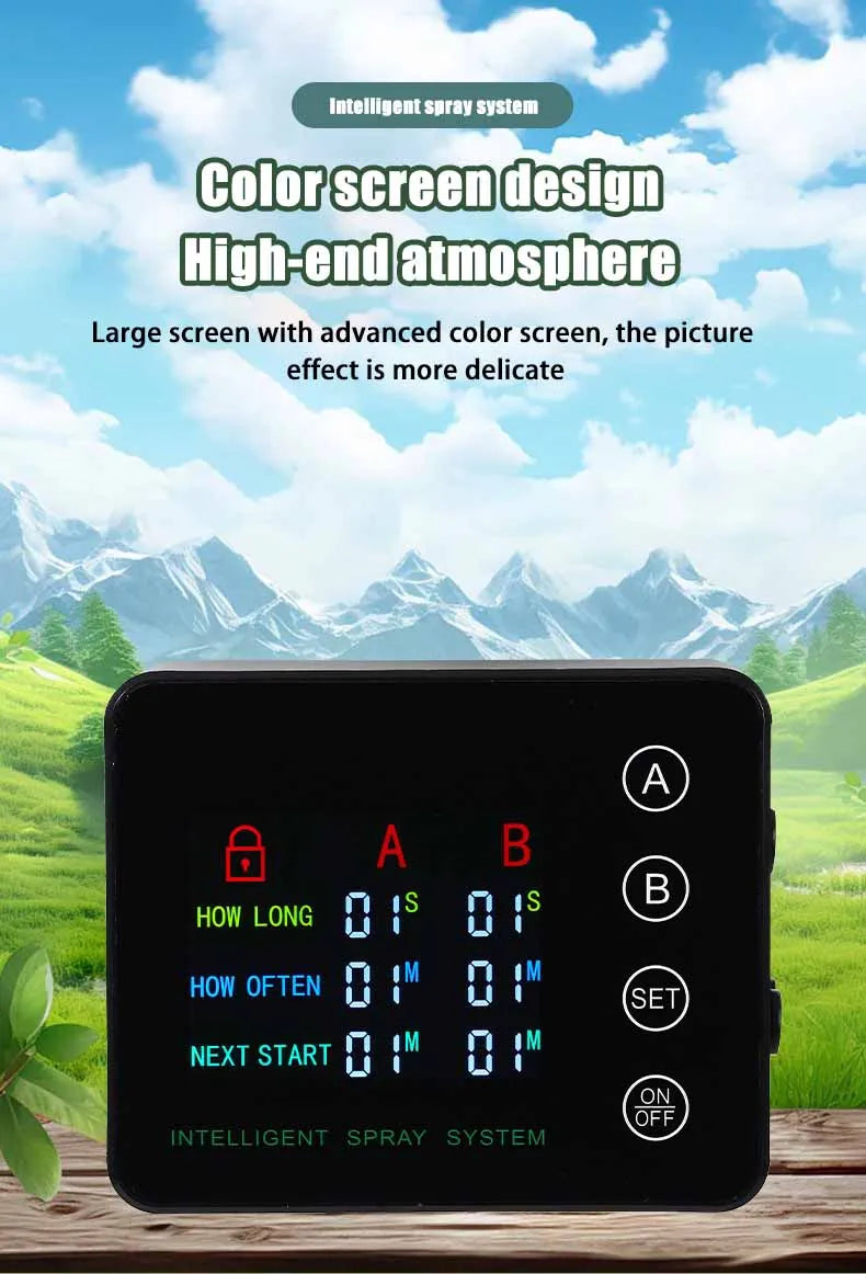 Black automatic mist timer control box with A/B buttons, set, and on/off indicators