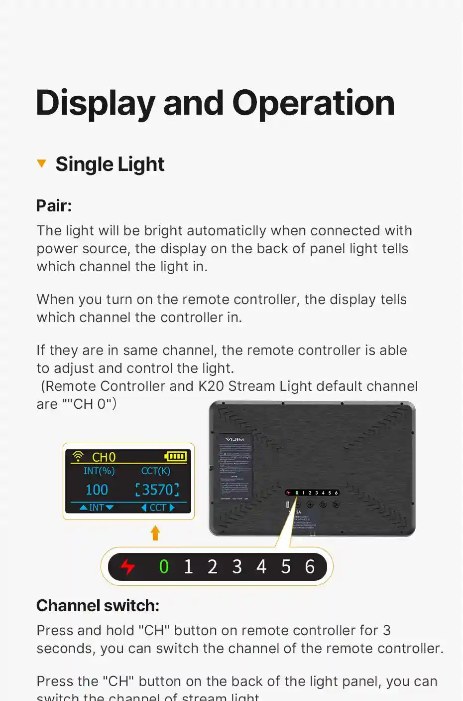 K20 Stream Light instruction diagram showing the rear control panel, settings display, and channel selection switch.