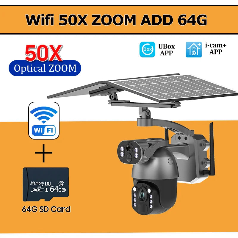 WiFi solar PTZ security camera, dual-lens, solar panel; includes 64GB SD card