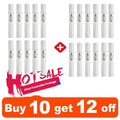 Twenty-two slim, white refillable perfume atomizer pens with silver spray nozzles and push-buttons for portable scent.