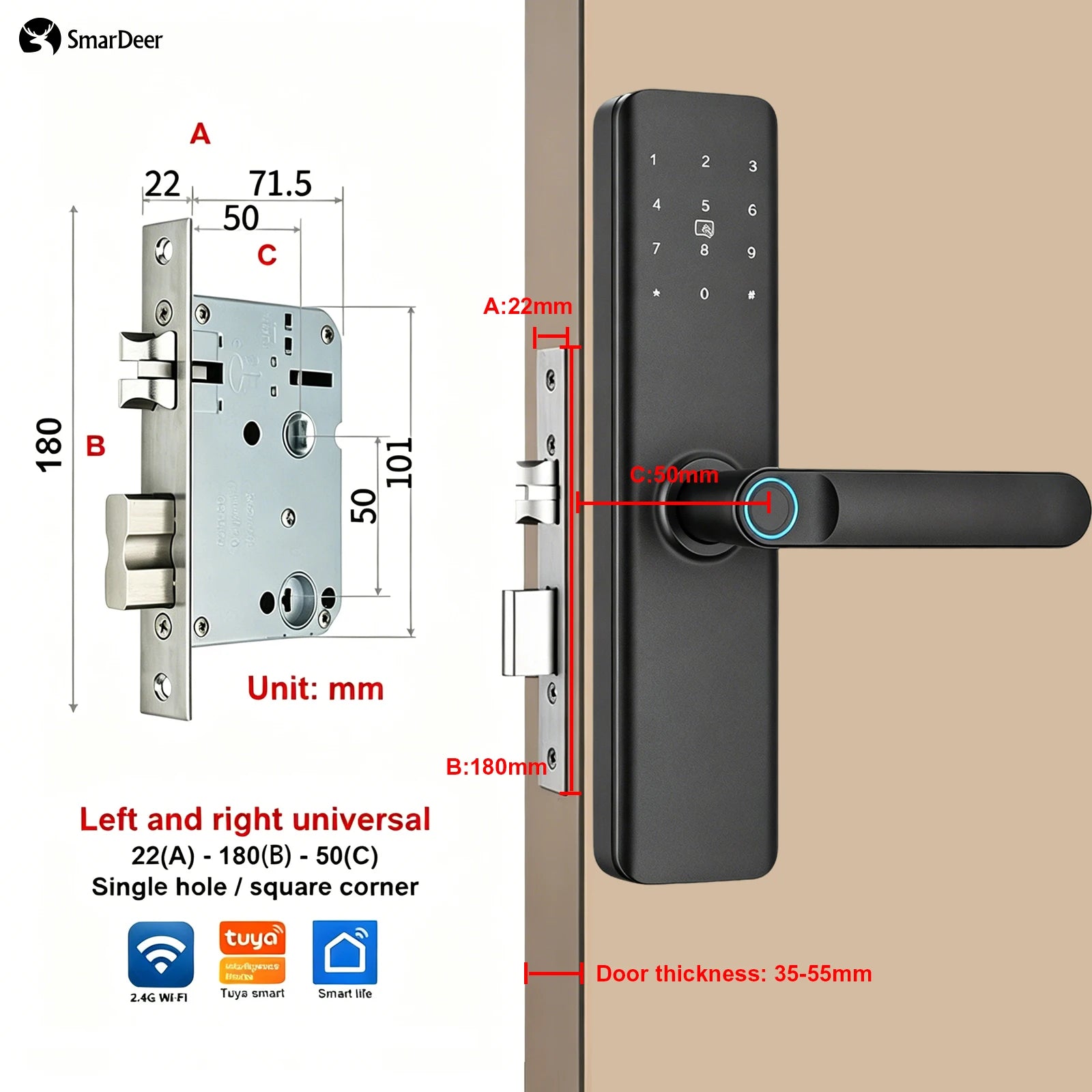 SmarDeer Indoor 5-in-1 Intelligent Door Lock,Tuya WIFI Fingerprint Lock，Keyless Entry Smart Electronic Door Lock for Home