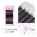 Black 6D eyelash extension fans in a storage tray, ranging from 9mm to 13mm in length for professional lash application.