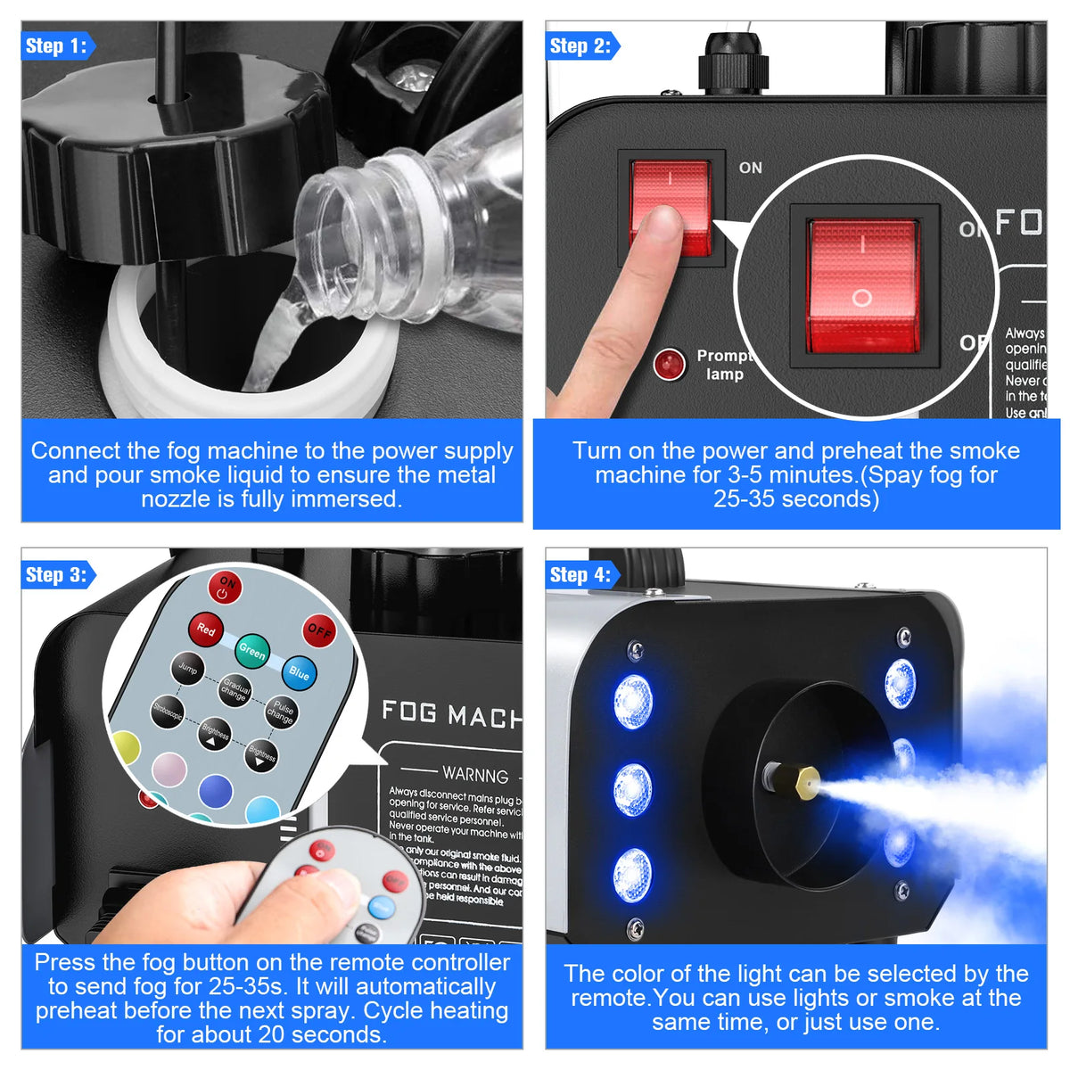 Fog machine setup steps showing smoke outlet, power switch, and remote controller buttons