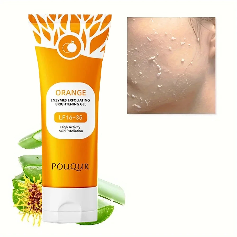 Orange exfoliating facial gel tube with aloe and flower accents, shown next to a face with product residue peeling off.