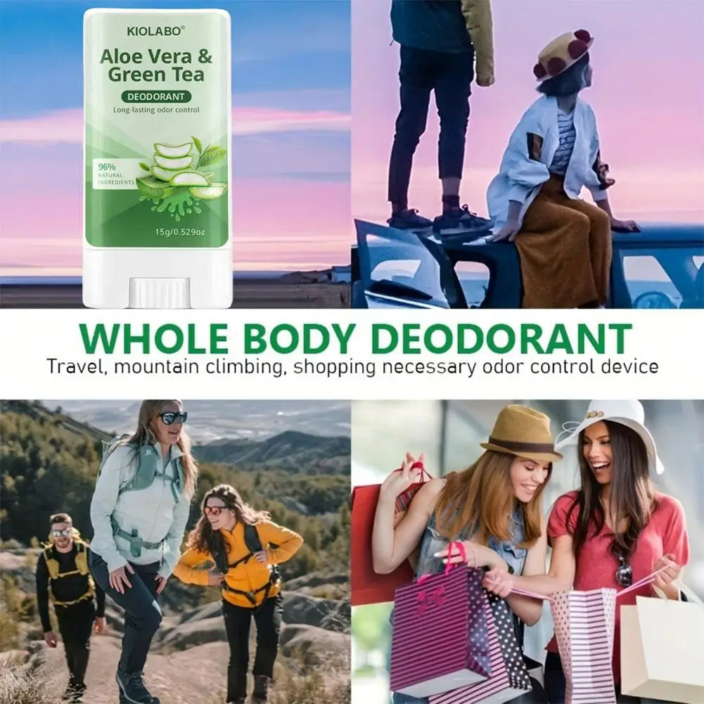 Tidesmit Aloe Vera & Green Tea deodorant stick for sweat and odor reduction, a travel-friendly hygiene essential.