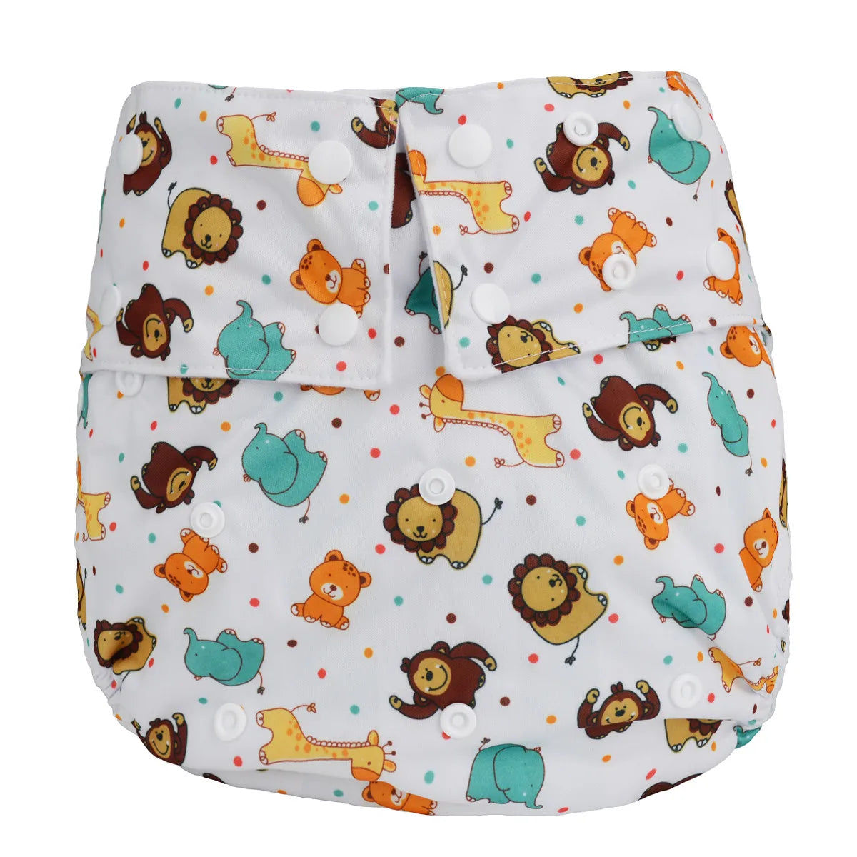 Reusable cloth baby diaper with white background, jungle animal print, and adjustable snap buttons.