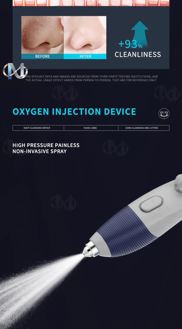6-in-1 oxygen dermabrasion device spraying mist for deep skin cleaning, blackhead removal, and facial whitening.