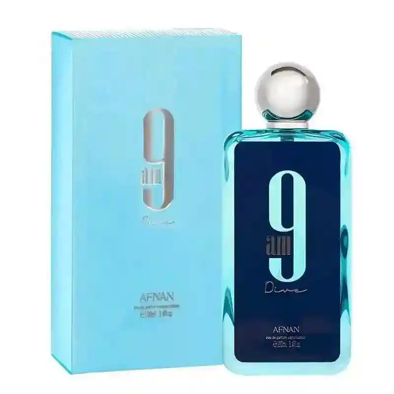 Afnan 9am Dive EDP for men: Rectangular blue bottle with silver cap, crisp ocean scent for daily wear. 100ml fragrance.
