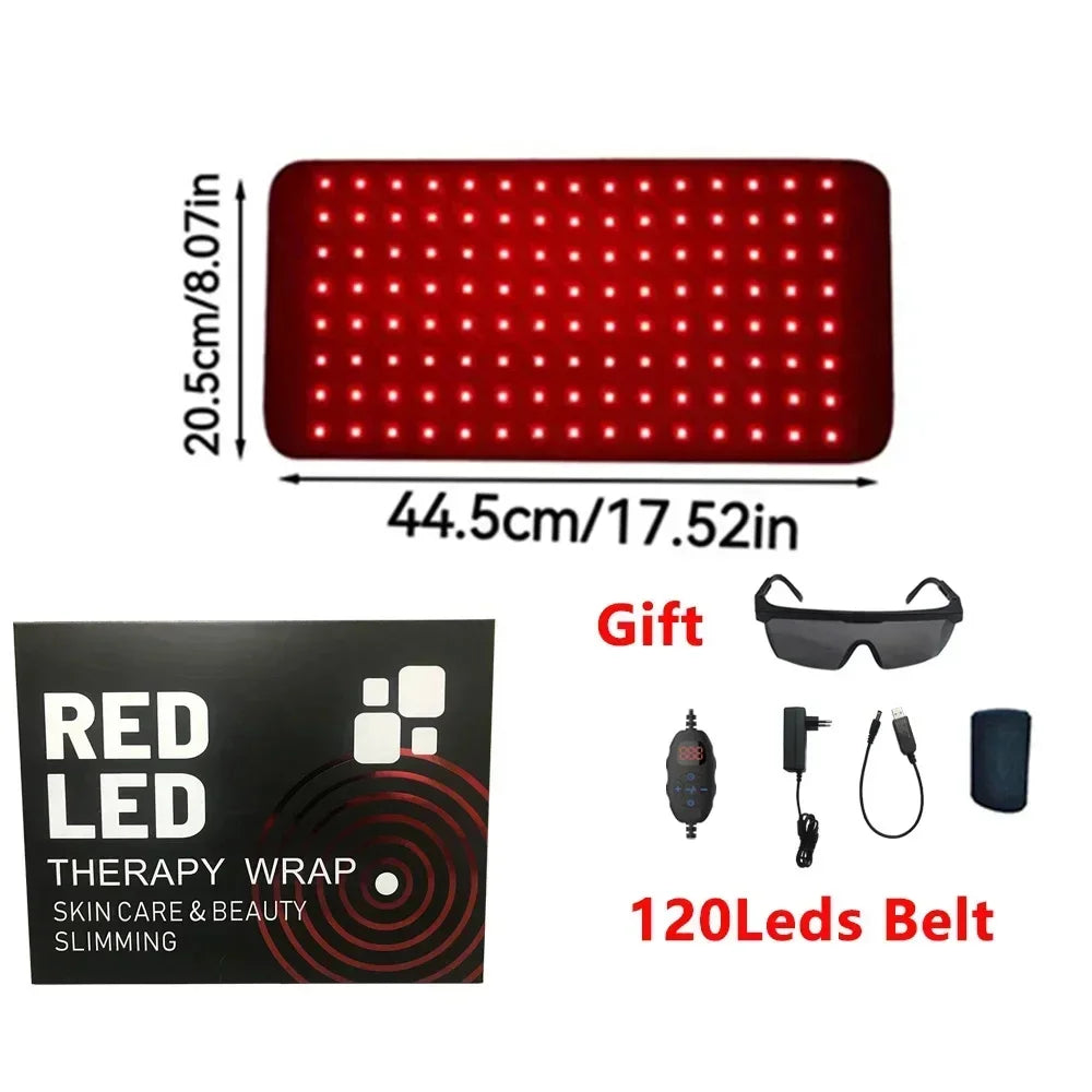 Red LED therapy belt with 120 lights for pain relief, slimming, and skin care, including controller and safety glasses.