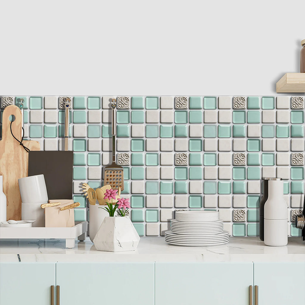 10pcs Flat Mosaic Tiles Sticker Set Kitchen Bathroom Wall Decals Gloss Waterproof Film 2D Surface Cover Transfers for Home Decor