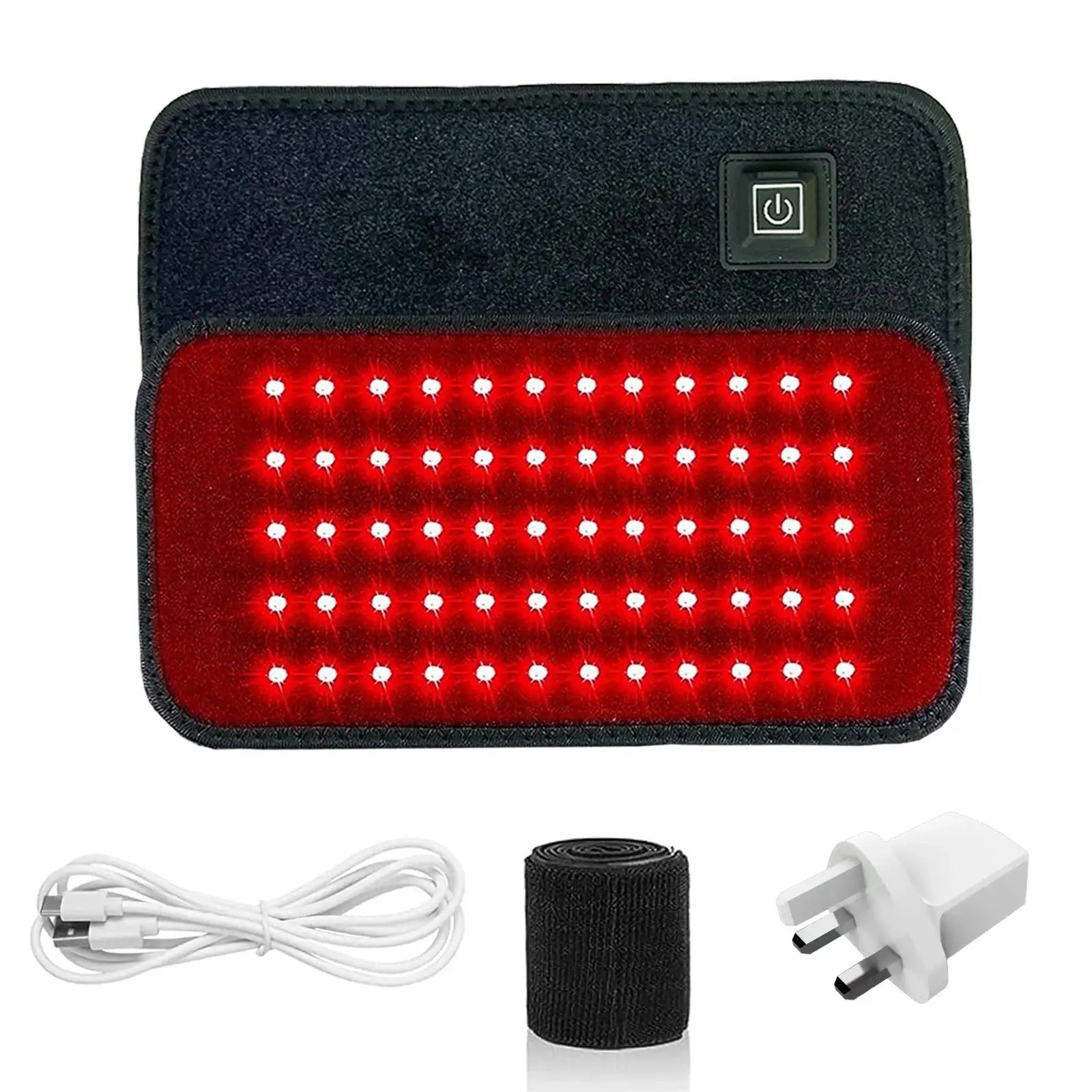 Black light therapy belt with red LEDs, a power button, white charging cable, velcro strap, and wall plug adapter.