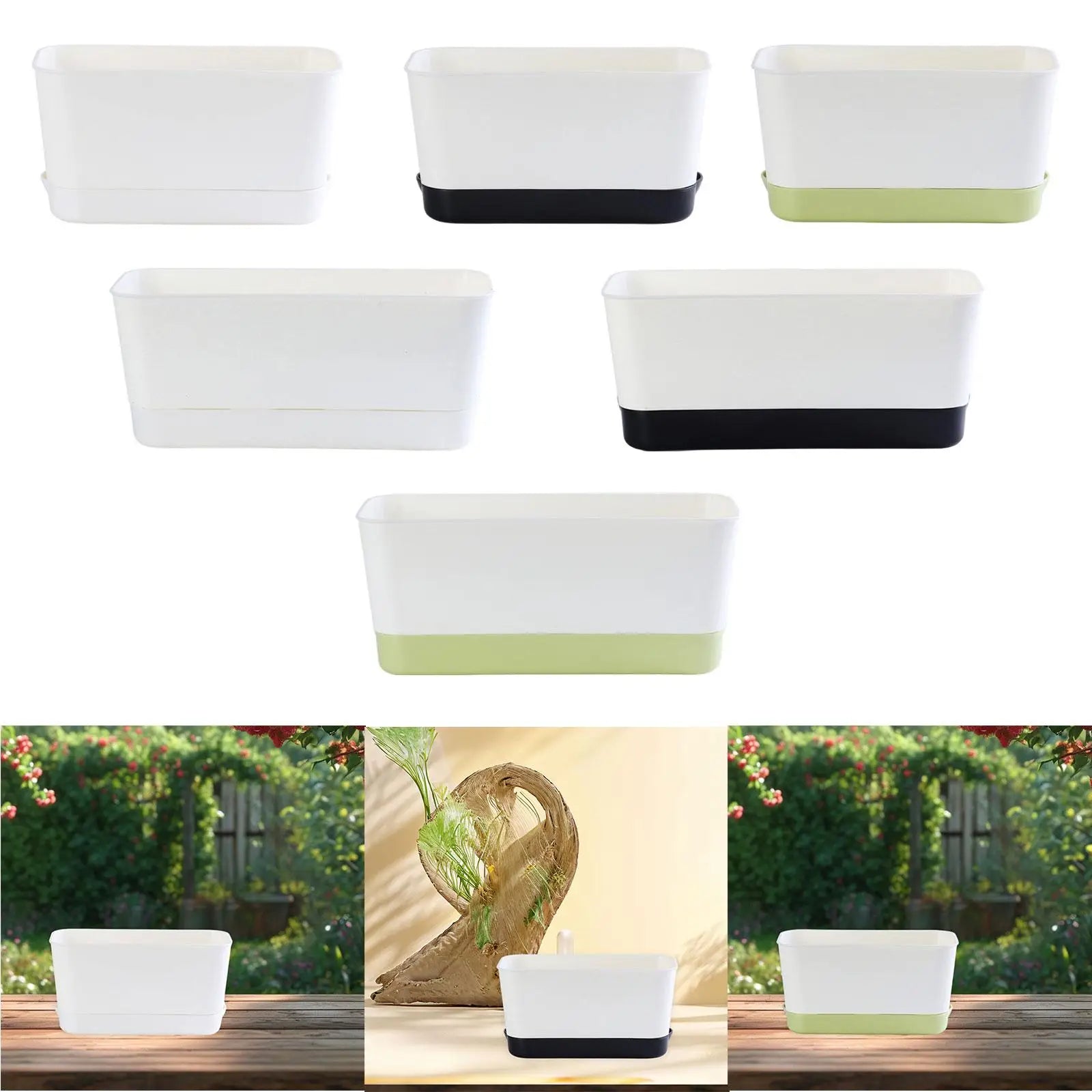 Rectangular window box planters, white with black base and white with green base.