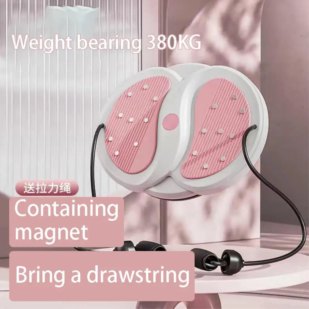 Round white and pink waist twisting disc with magnetic foot pads and black elastic exercise drawstrings.