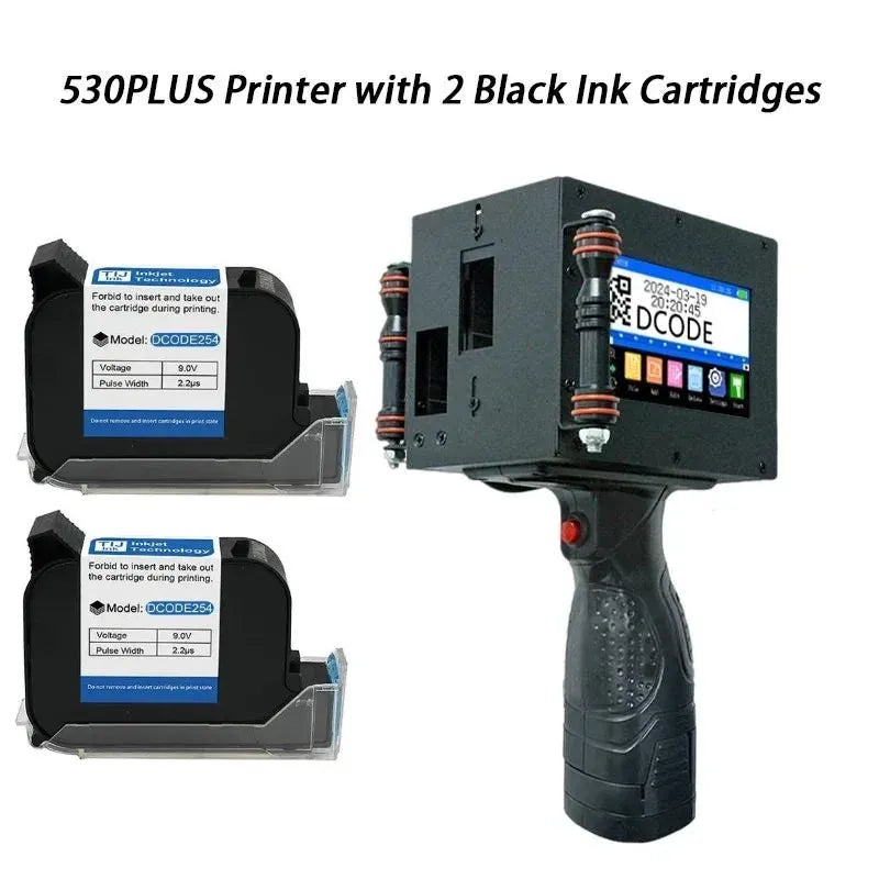 Handheld thermal inkjet printer with two black ink cartridges and QR/date display screen