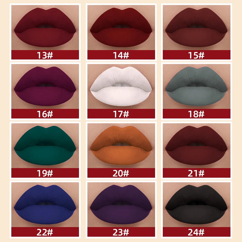 QIBEST long-lasting velvet matte liquid lipstick set in assorted bold colors, including red, dark, and bright shades.
