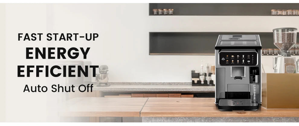 Black, energy-efficient automatic espresso coffee machine with digital display on a wooden kitchen countertop.