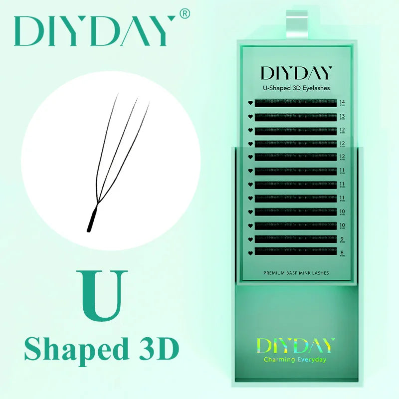 DIYDAY U-shaped 3D faux mink eyelash extension tray with various lengths in a mint green branded package.