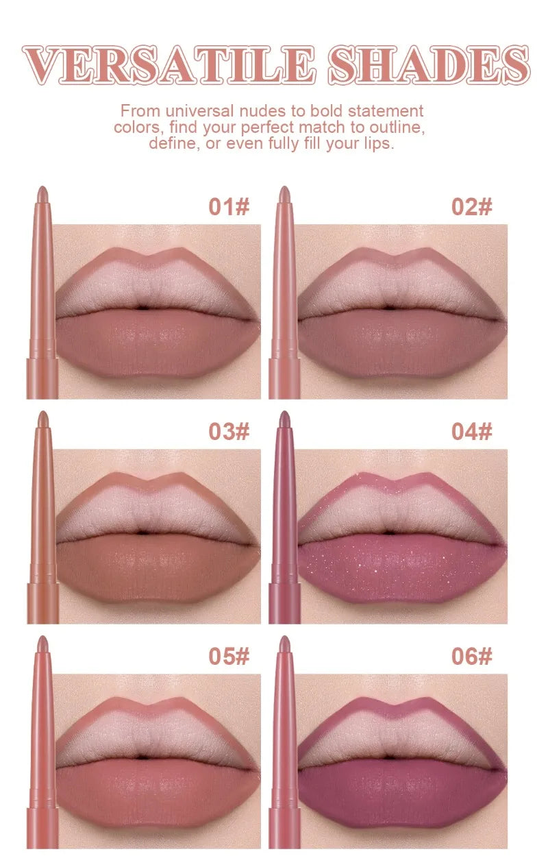 Long-lasting matte lip liner pens in 6 versatile velvet shades, providing smooth, waterproof color for defined lips.