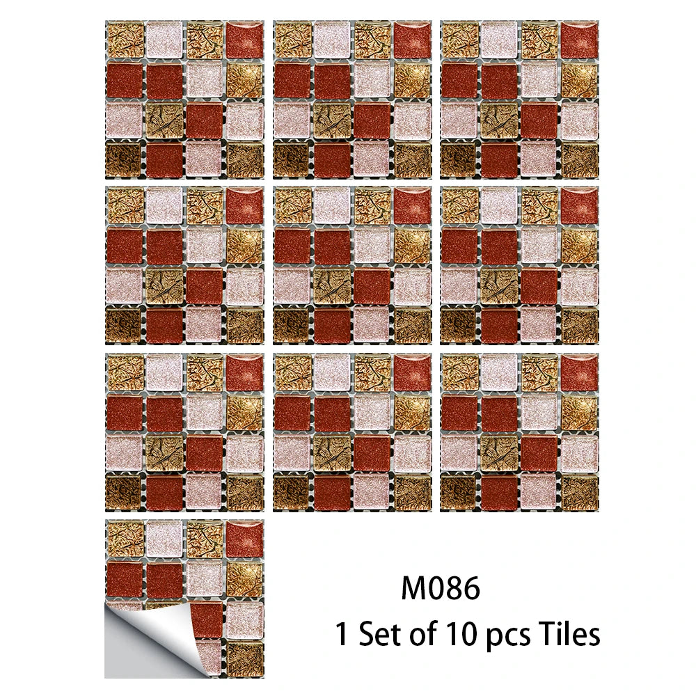 Gold, brown and rose mosaic tile sticker set, glossy square tiles, waterproof peel-and-stick (10 pcs)
