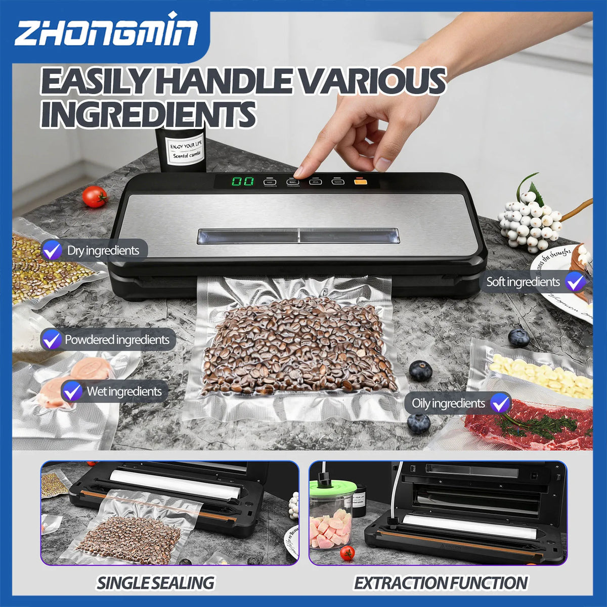 ZHONGMIN Multifunctional Vacuum Sealer Machine 110V Automatic Food Sealer with Built-in Cutter 5mm Dual Sealing Strong Suction