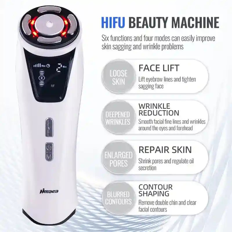 White Mini HIFU RF facial beauty device for anti-wrinkle skin firming with LED display and handheld ergonomic design.