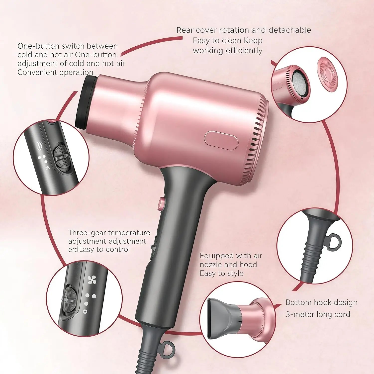 Rose gold 1600W ionic hair dryer with attachments, adjustable heat settings, cleaning filter, and storage hook.
