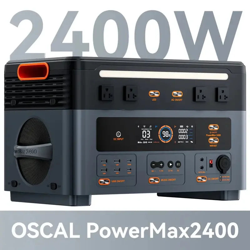 OSCAL PowerMax 2400 2400W Portable Power Station, 1872Wh LiFePO4 Battery, 15h Charging Time, 100W USB-C PD Output, 2400W (4800W Peak) Solar Generator, with HD Stereo Fastest Charging, Suitable for Home, Camping, Marine