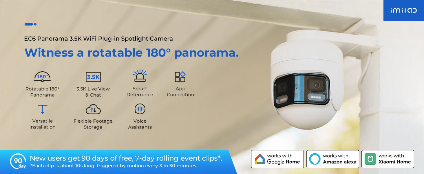 IMILAB EC6 Panorama WiFi Security Camera 6MP 180° Panorama AI Human Detection PTZ Color Night Vision Compatible with Xiaomi Home