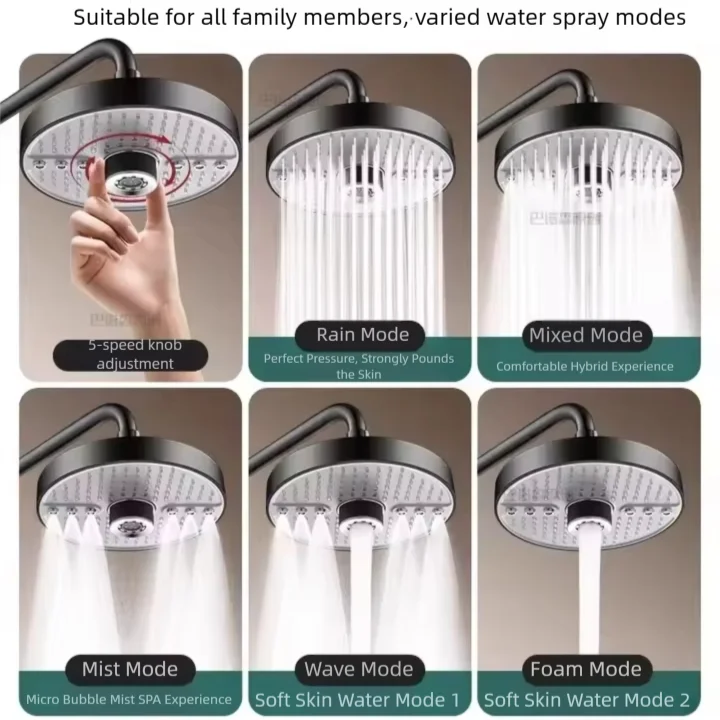 5 Mode Adjustable Rain Shower Head High Pressure Large Flow Ceiling Mounted Spray Portable Shower Nozzle for Home Hotel Bathroom