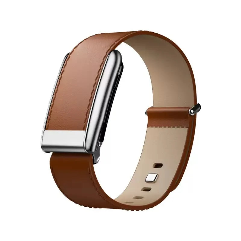 Compatible with Whoop 5.0 Fitness Tracker, featuring a top-layer cowhide leather buckle strap with a bright silver metal U-shape