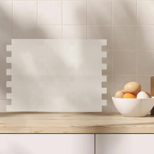 White brick-pattern peel-and-stick tile decal sheet with grout-lined subway style