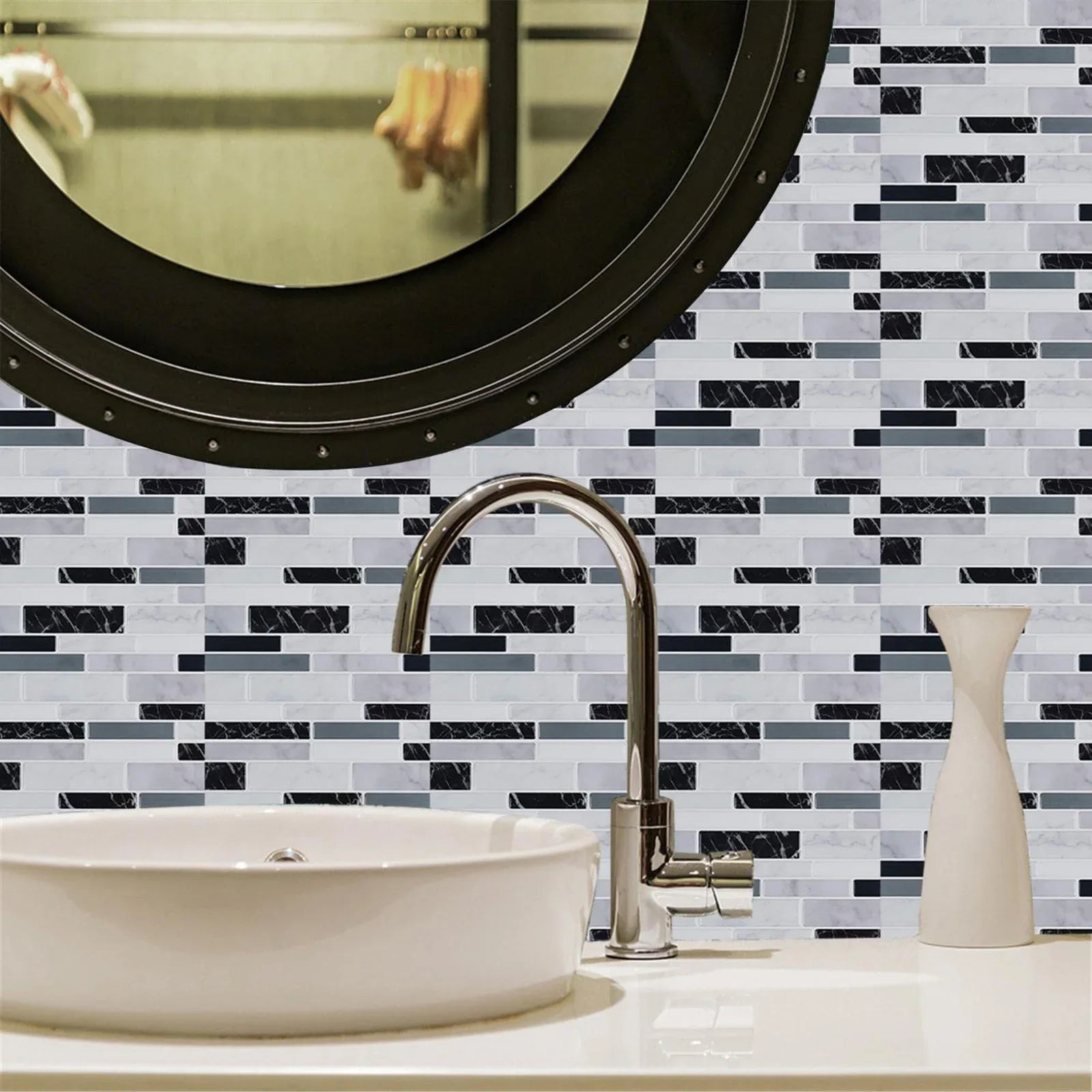 Self-adhesive mosaic tile wall sticker, black and gray brick pattern in a bathroom