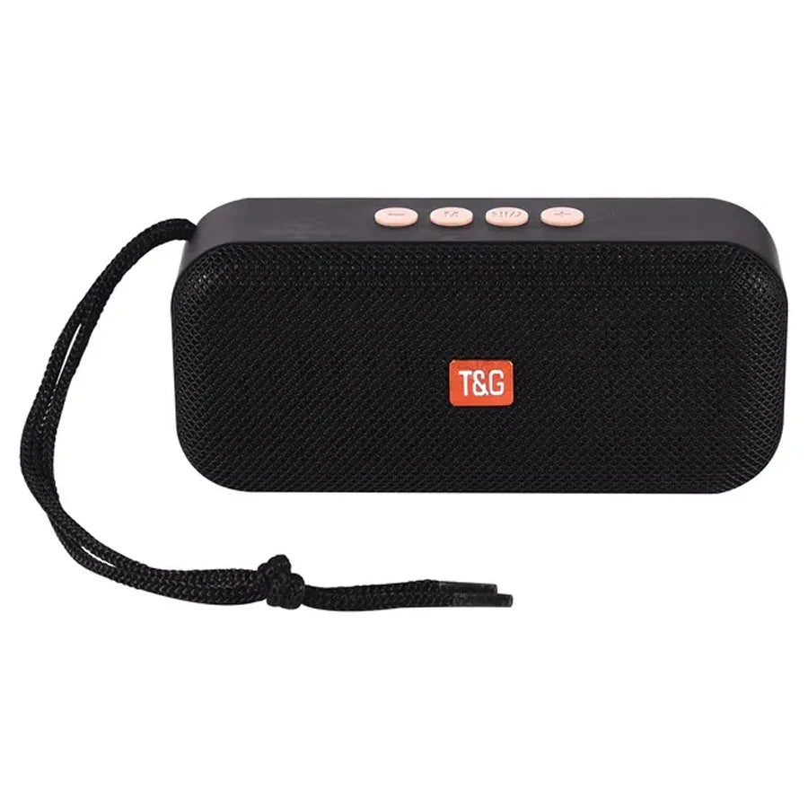 Mini Bluetooth speaker with black fabric body and black carry strap
