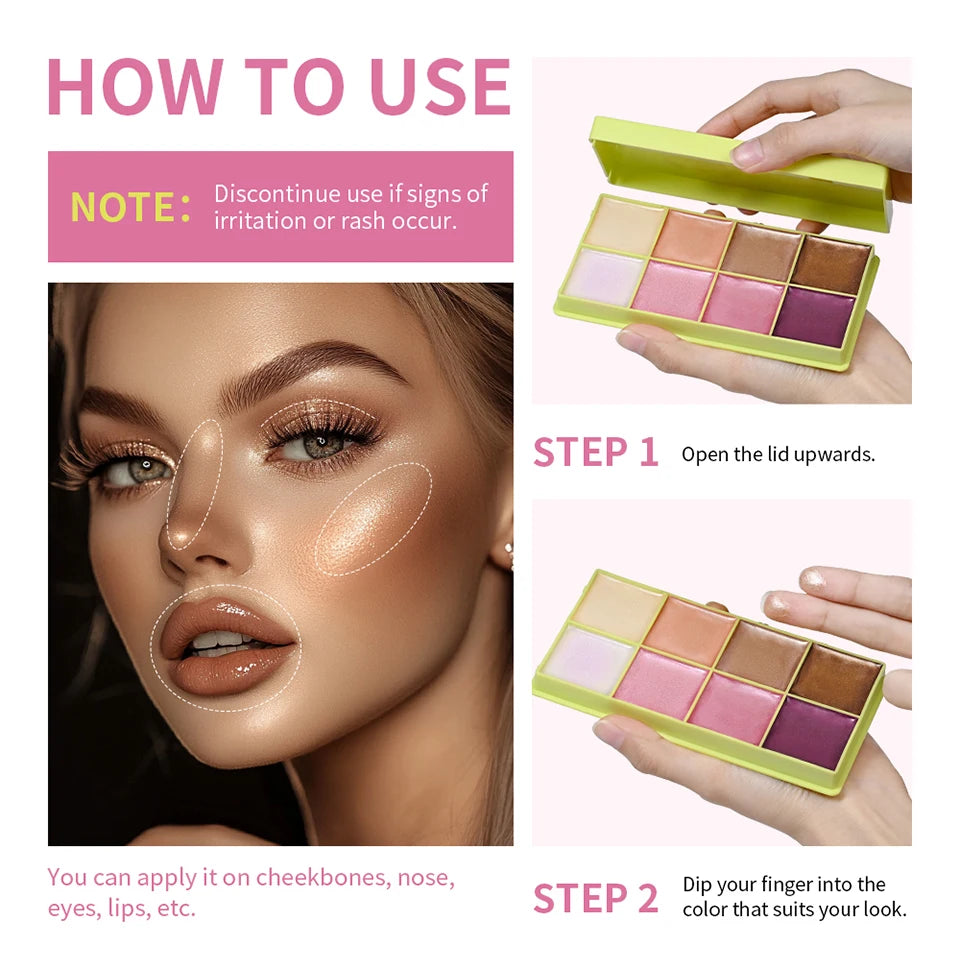 Tidesmit 8 color cream highlighter palette for face brightening and shimmer blush makeup texture close-up